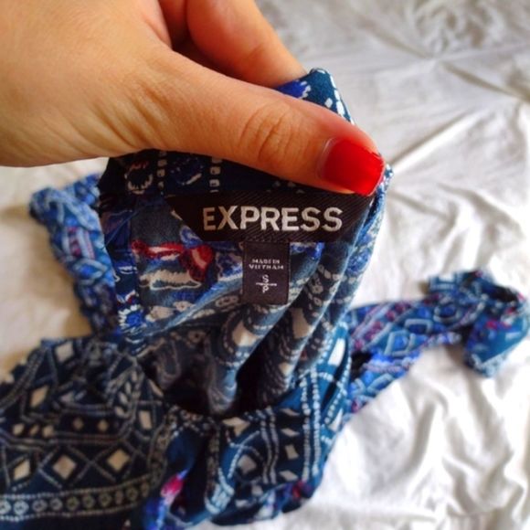 Express cobalt blue floral print key hole long sleeve dress size S - Picture 3 of 8